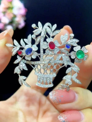 genuine jewelry 18K white gold with diamond flower basket brooch & pendant double use ruby emerald sapphire fine women jewelry