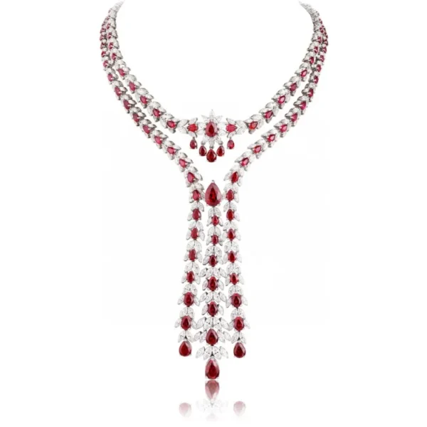 Ruihe Luxury 925 Silver Necklace for Women 58.49ct Lab Grown Ruby Simulated Diamond Zirconia Jewelry Gift Wedding Christmas