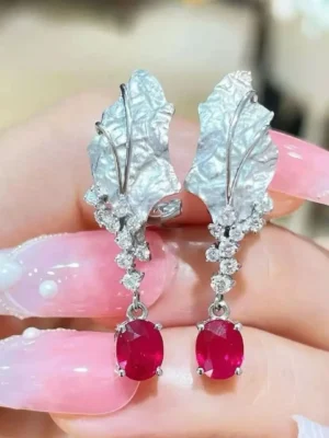 natural ruby clip earring 18K white gold with diamond leaf long earring fine women jewelry genuine luxury jewelry free shipping