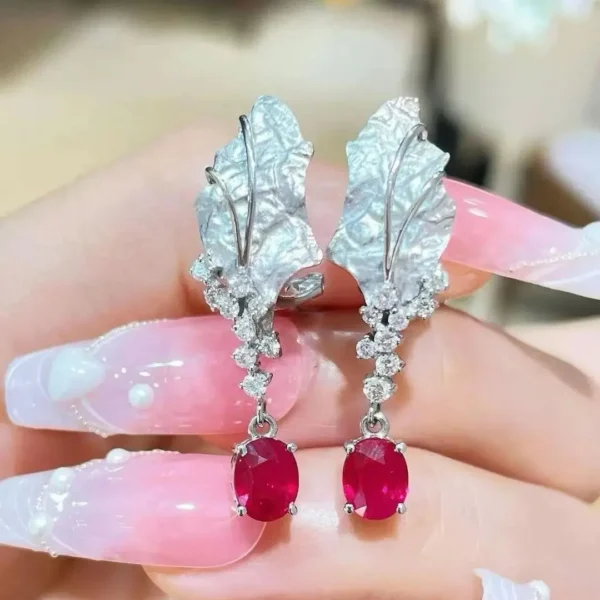 natural ruby clip earring 18K white gold with diamond leaf long earring fine women jewelry genuine luxury jewelry free shipping