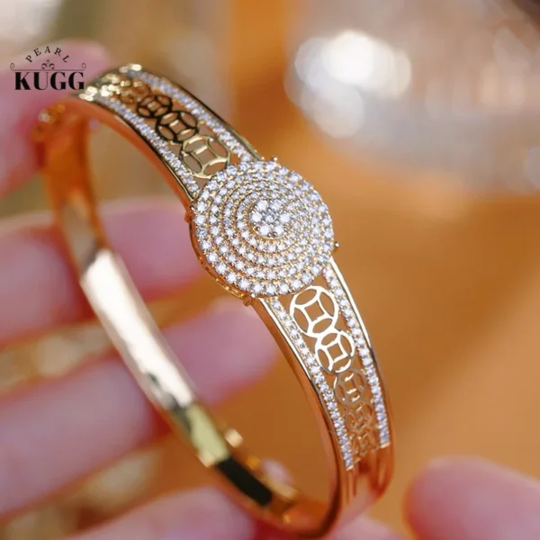 KUGG 100% 18K Yellow Gold Bangle Women Luxury 1.10carat Real Natural Diamond Bangle Vintage Copper Cash Shape High Party Jewelry