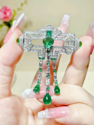 vintage natural plain emerald and diamond brooch 18K white gold genuine luxury fine women jewelry free shipping