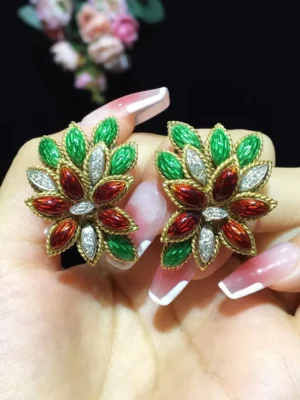 antique jewelry colour enamels clip earring leaf 18K gold 33*25MM fine women jewelry free shipping