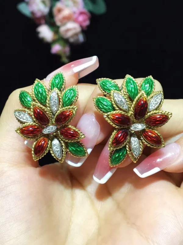 antique jewelry colour enamels clip earring leaf 18K gold 33*25MM fine women jewelry free shipping