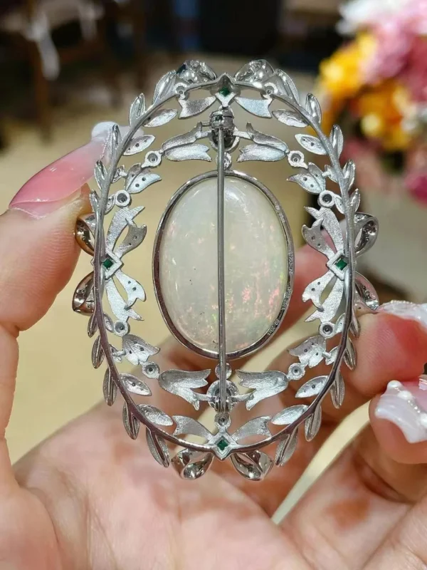 natural opal brooch & pendant double use pt950 platinum with emerald and diamond bowknot leaf vintage luxury fine women jewelry