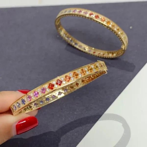 Aazuo Fine Jewelry 18K Gold Natrual Clour Sapphires Real Diamond Square Rainbow Bangle For Woman Upscale Trendy Engagement Party