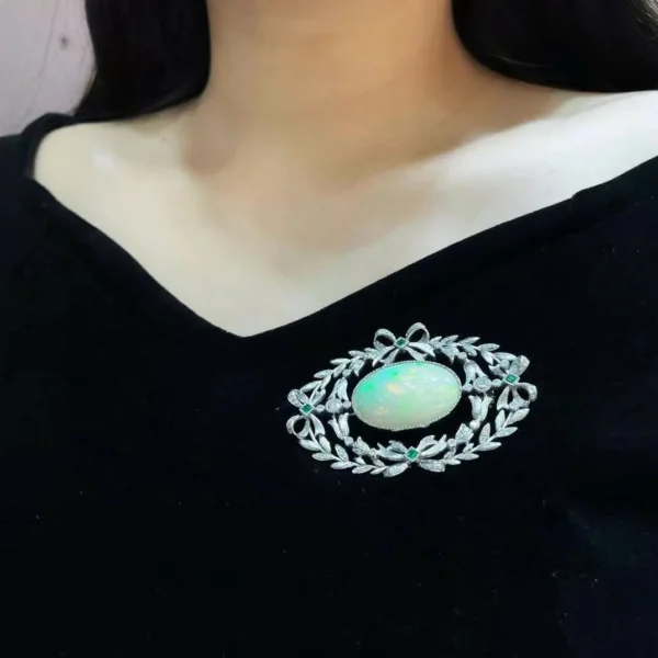 natural opal brooch & pendant double use pt950 platinum with emerald and diamond bowknot leaf vintage luxury fine women jewelry