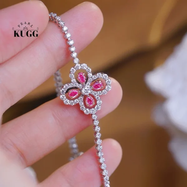 KUGG 100% 18K White Gold Bracelet Romantic Clover Design Real Natural White&Pink Diamond Bracelet for Women High Party Jewelry