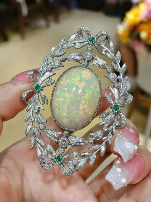 natural opal brooch & pendant double use pt950 platinum with emerald and diamond bowknot leaf vintage luxury fine women jewelry