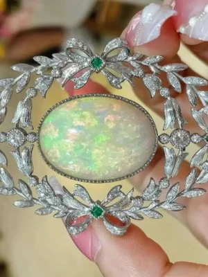 natural opal brooch & pendant double use pt950 platinum with emerald and diamond bowknot leaf vintage luxury fine women jewelry