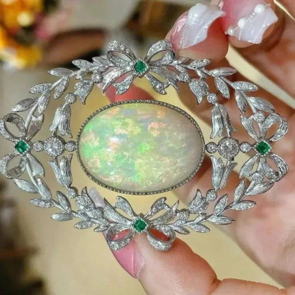 natural opal brooch & pendant double use pt950 platinum with emerald and diamond bowknot leaf vintage luxury fine women jewelry