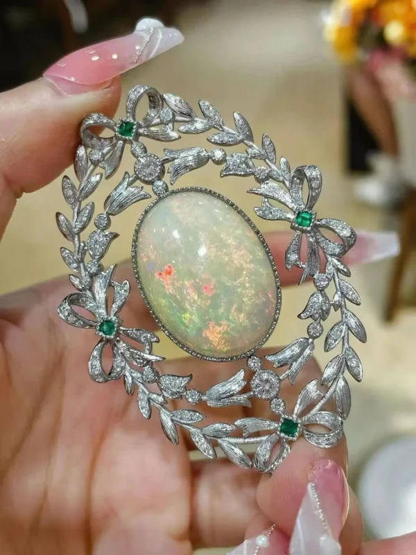 natural opal brooch & pendant double use pt950 platinum with emerald and diamond bowknot leaf vintage luxury fine women jewelry