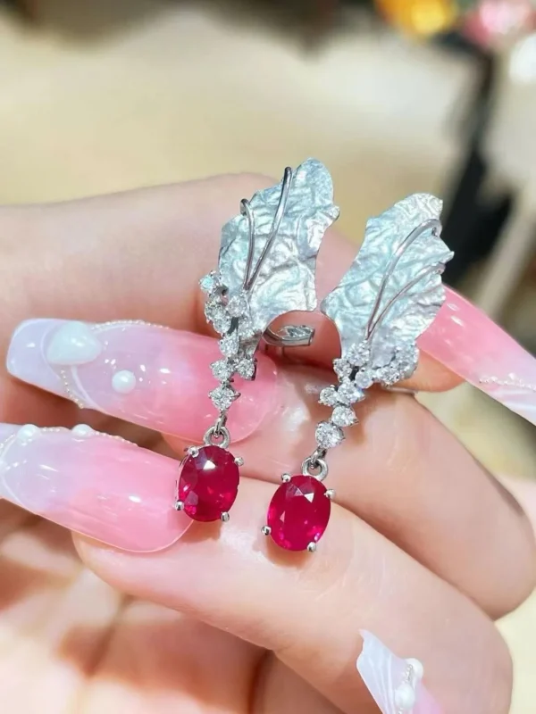 natural ruby clip earring 18K white gold with diamond leaf long earring fine women jewelry genuine luxury jewelry free shipping