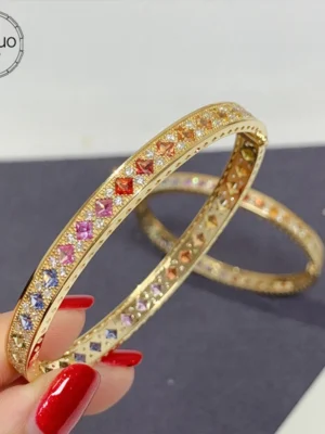 Aazuo Fine Jewelry 18K Gold Natrual Clour Sapphires Real Diamond Square Rainbow Bangle For Woman Upscale Trendy Engagement Party