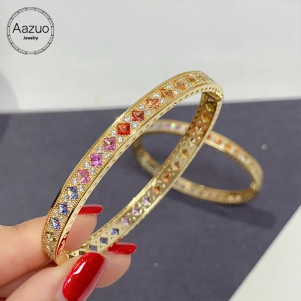 Aazuo Fine Jewelry 18K Gold Natrual Clour Sapphires Real Diamond Square Rainbow Bangle For Woman Upscale Trendy Engagement Party