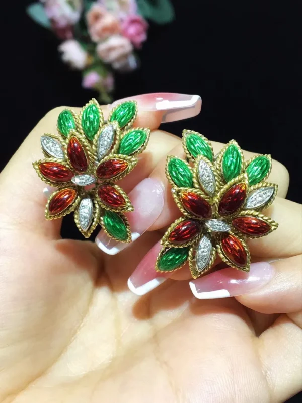 antique jewelry colour enamels clip earring leaf 18K gold 33*25MM fine women jewelry free shipping