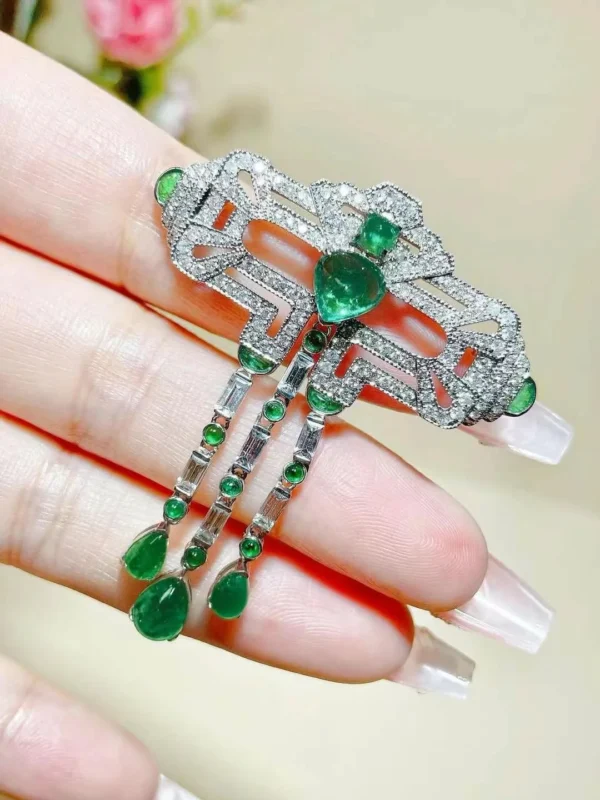 vintage natural plain emerald and diamond brooch 18K white gold genuine luxury fine women jewelry free shipping