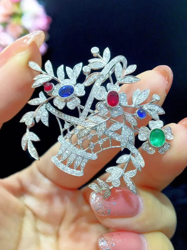 genuine jewelry 18K white gold with diamond flower basket brooch & pendant double use ruby emerald sapphire fine women jewelry